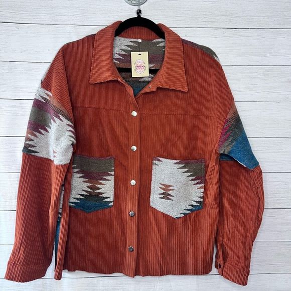 Boutique Brand Brown Button Down Aztec Patchwork Corduroy Jackets Front Pockets - Picture 5 of 9